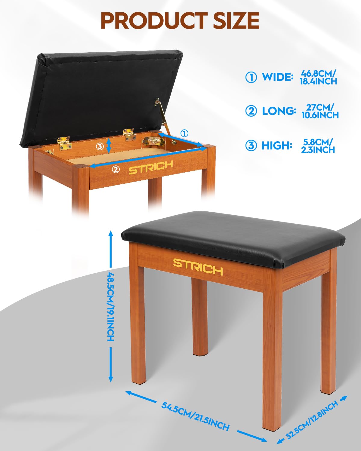 STRICH Piano Bench with Storage, Solid Wood Keyboard Bench Piano Bookcase Stool Chair Seat with