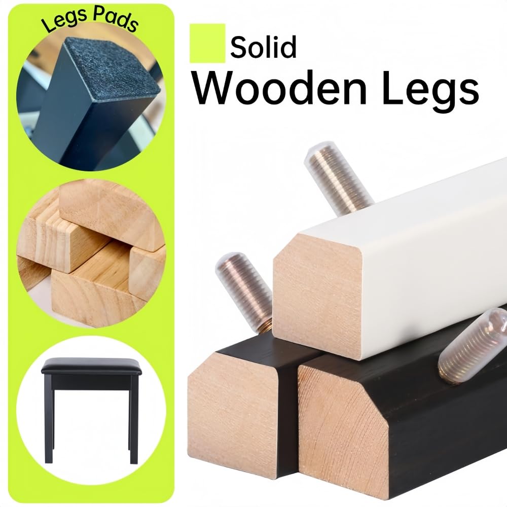 Sanpuli Solid Wood Piano Bench with Storage, Piano Stool and Padded Cushion, Keyboard Bench with