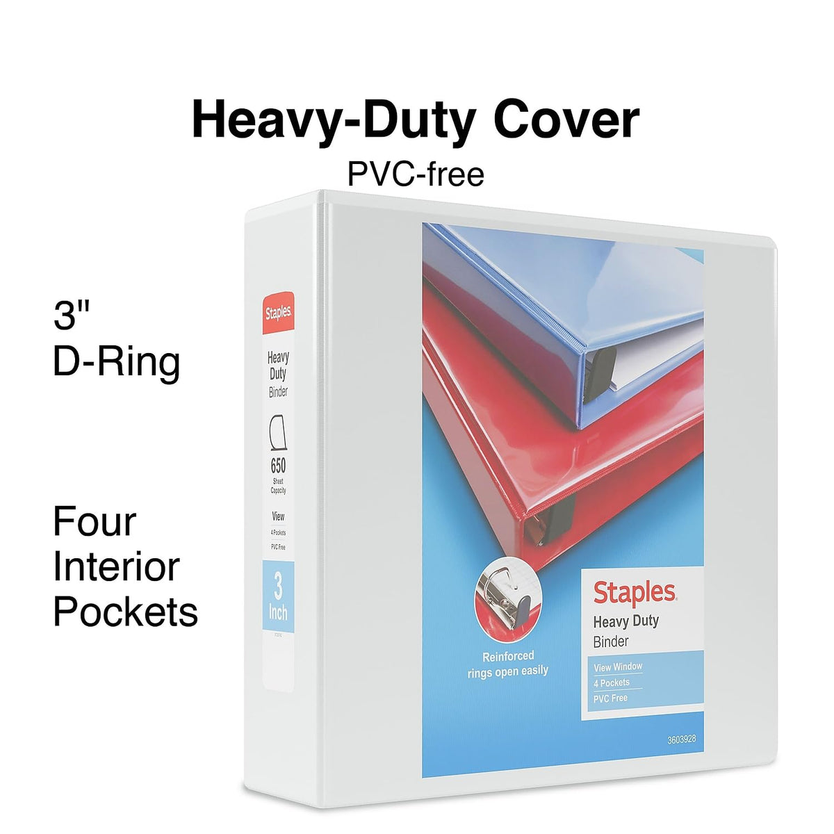Staples Heavy-Duty 3-Inch 3-Ring View Binders, White, 8/Carton