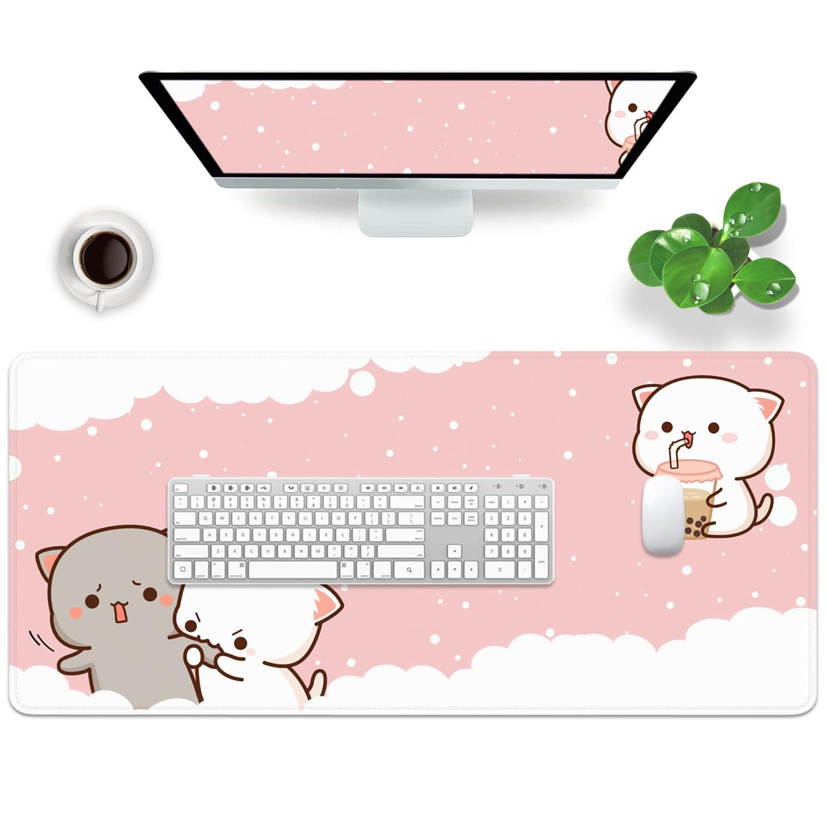 Pink Large Gaming Mouse Pad Cat Desk Pad XXL Cute Mouse Mat 35x15.7x0.12 inch Desk Accessories