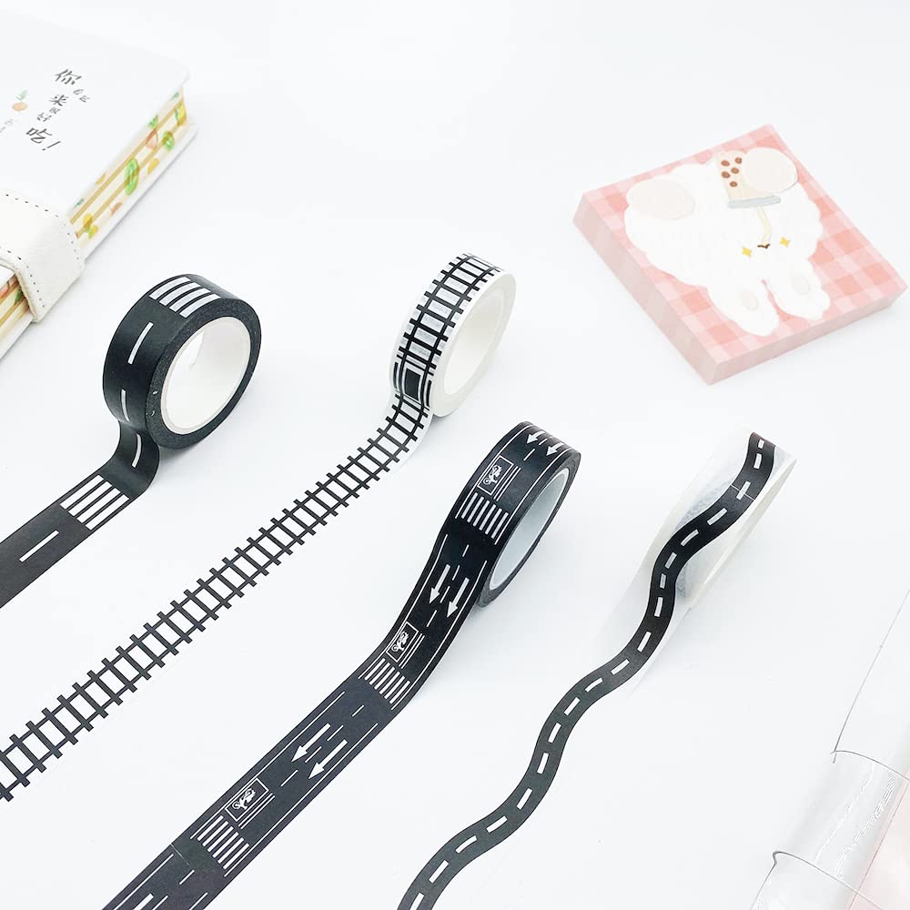 YUBX Highway Washi Tape Set 4 Rolls Black & White Decorative Masking Tapes for Arts, DIY Crafts