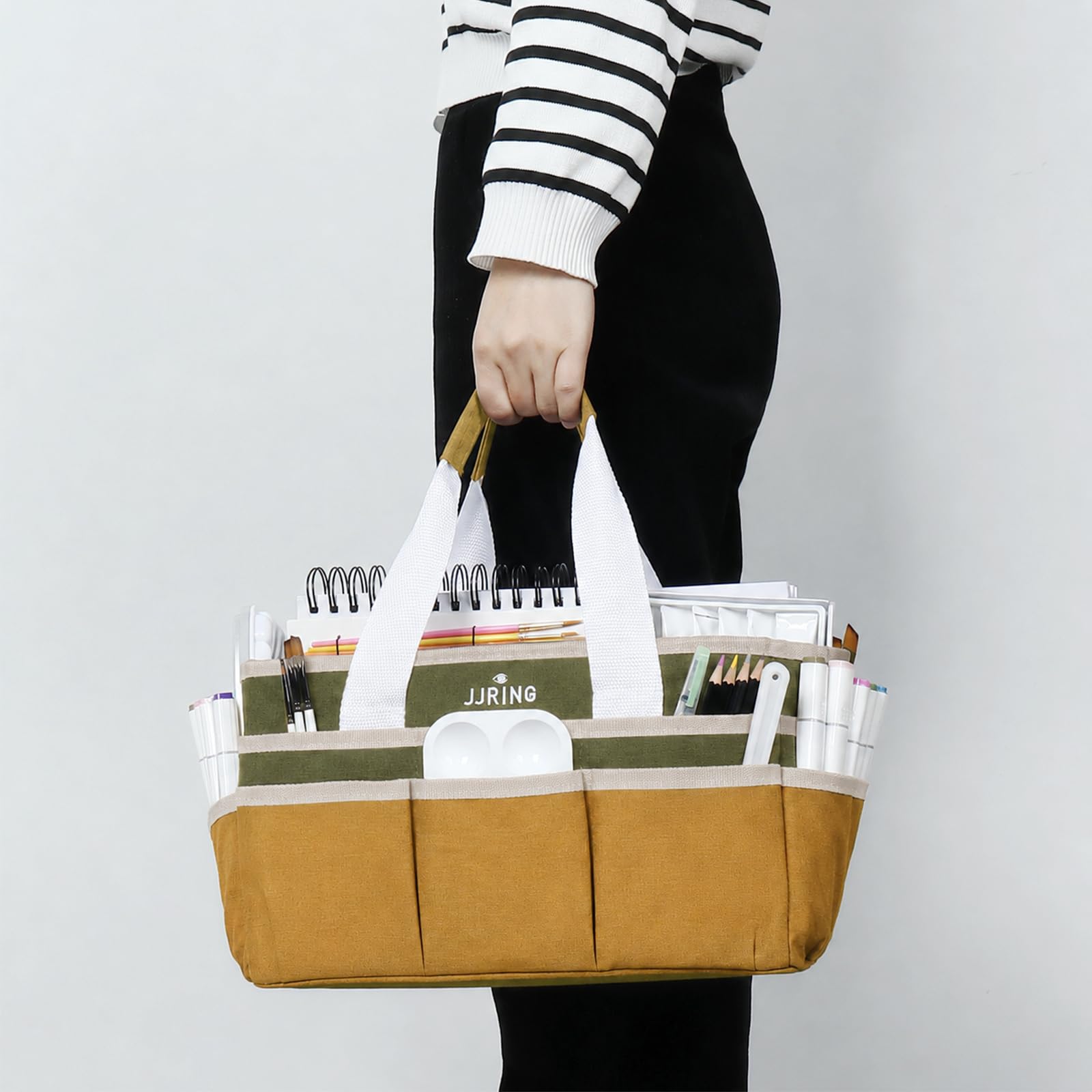 JJRING Craft Organizer Tote Bag Art Storage Caddy Dark Green and Brown