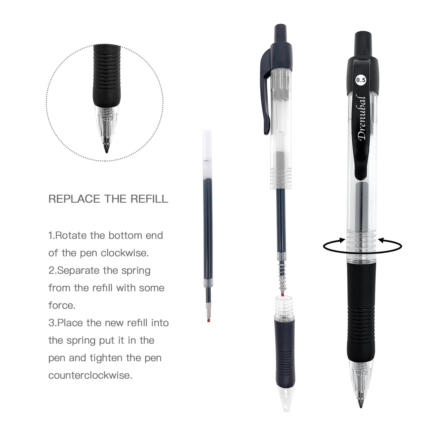 Drenubal Black Glide Retractable Ball Pens, Medium Point (0.5mm), Comfortable Rubber Grip For