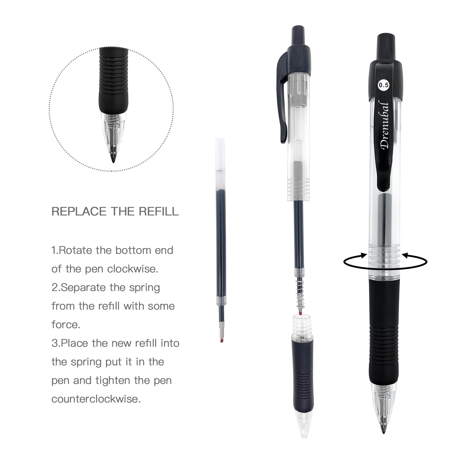 Drenubal Black Glide Retractable Ball Pens, Medium Point (0.5mm), Comfortable Rubber Grip For