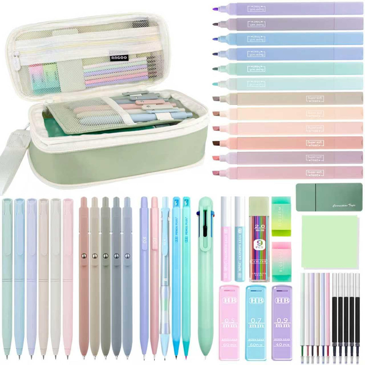 JIZHIYUAN 54X Aesthetic School Supplies with Green Pencil Case for Students
