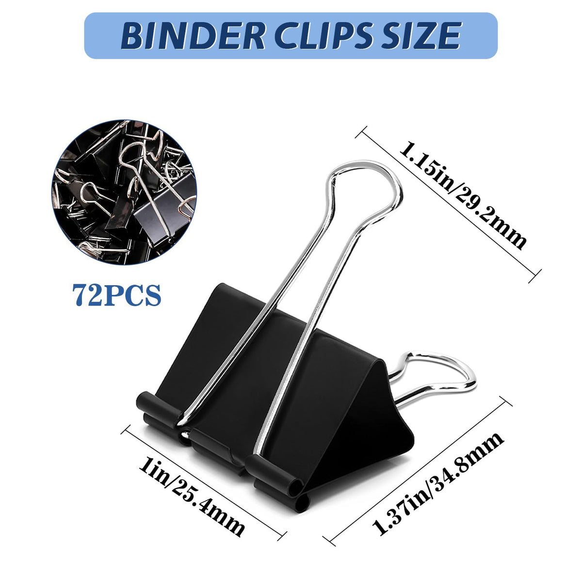 72Pack Medium Binder Clips,1inch Black Paper Clips Metal Bulk Clip