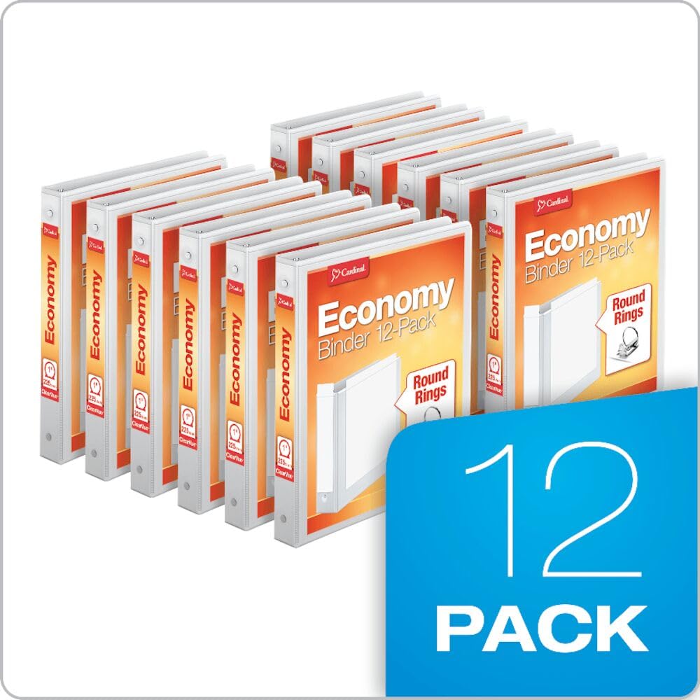 Cardinal 1 Inch 3 Ring Binders, White, 12 Pack, Round Ring Binder, Holds 225 Sheets, PVC Free