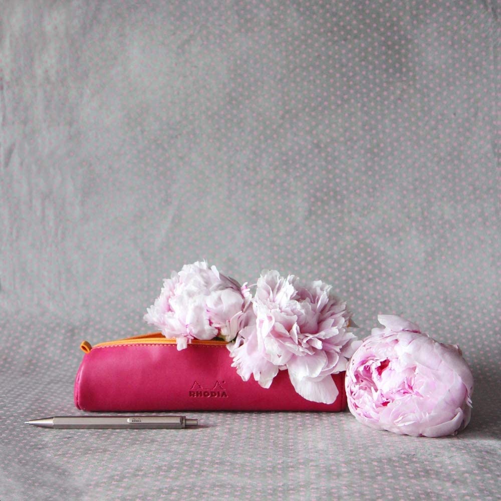 Rhodia 318992C - Raspberry Rhodiarama Round Pencil Case - 21.5 x 5.5 cm - Genuine Orange Stitching