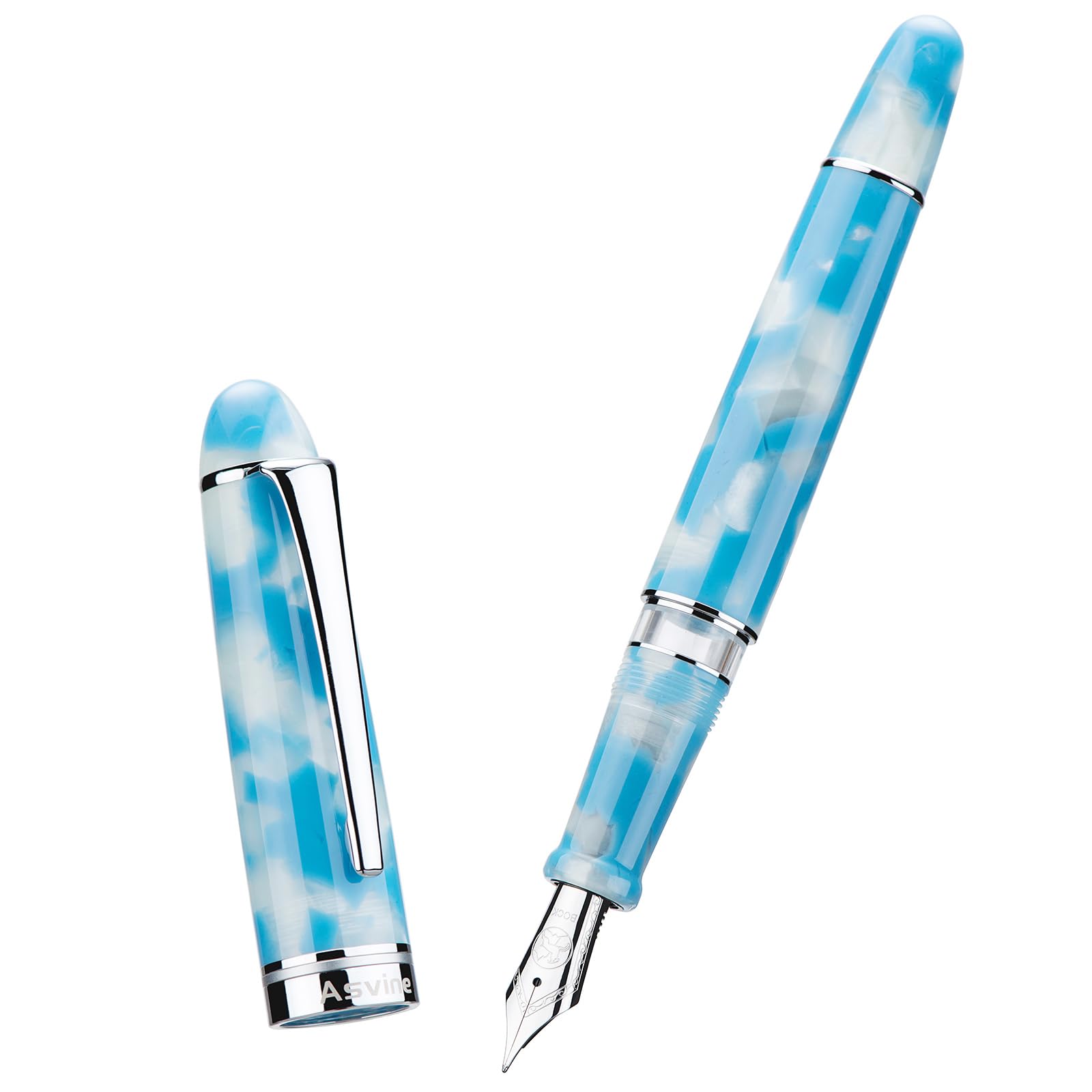 Asvine P50 Piston Fountain Pen Bock Medium Nib Sky Blue Resin, Silver Trim Smooth Writer Collection
