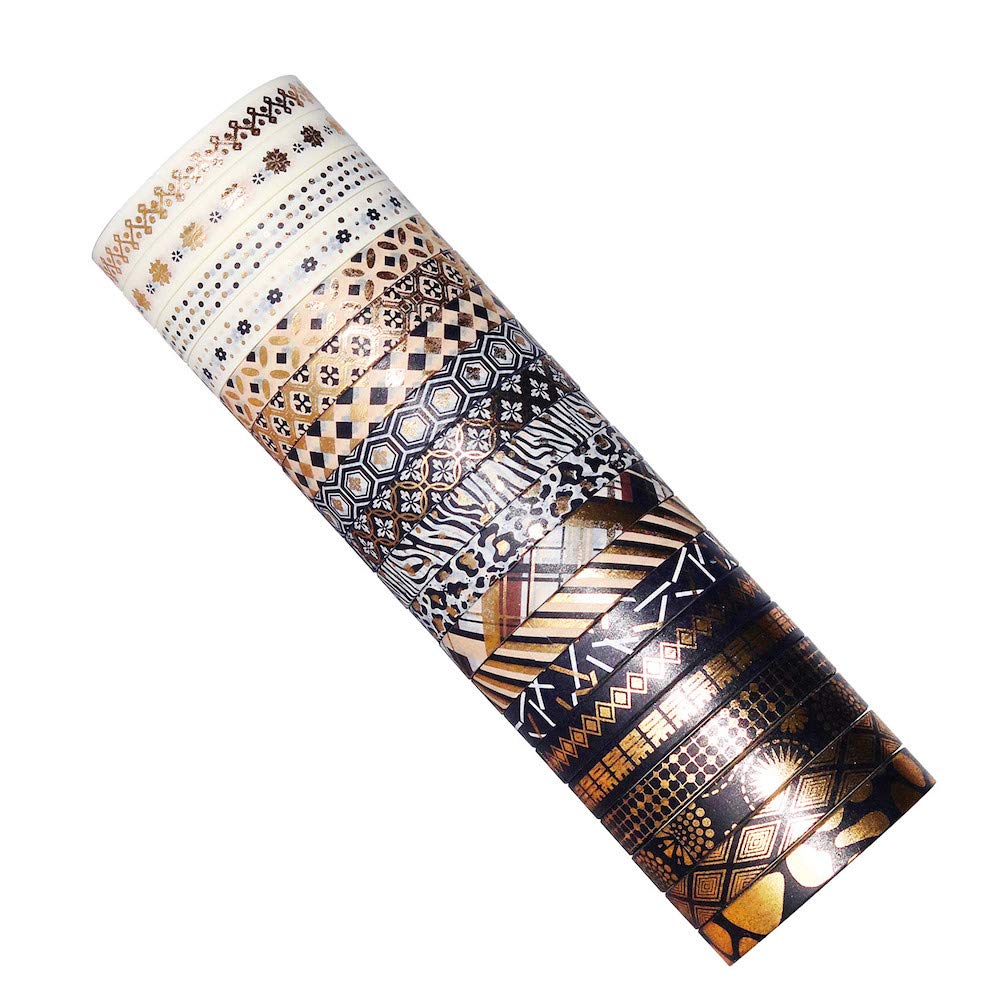 YUBBAEX 20 Rolls Washi Tape Set Black Gold Foil Print Decorative Tapes for Arts, DIY Crafts, Bullet