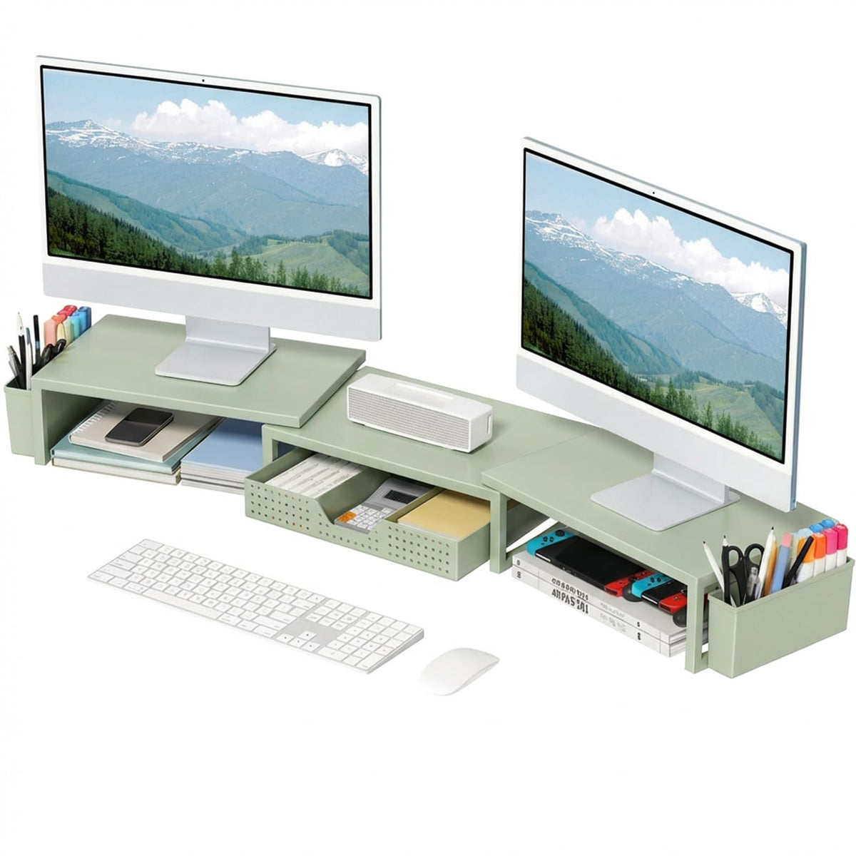 OPNICE Desk Organizers and Accessories, Dual Monitor Stand Riser with Drawer and 2 Pen Holders