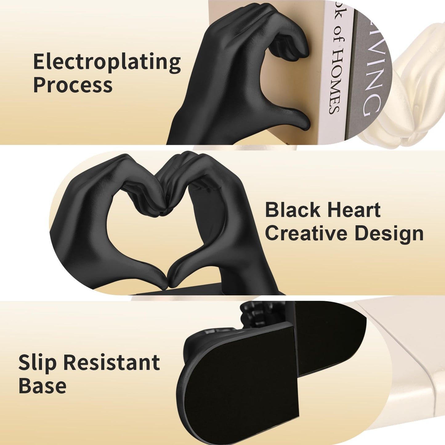 Black Decorative Bookends for Shelves, Heart Hands Book Ends Sculpture Aesthetic Decor for Bedroom
