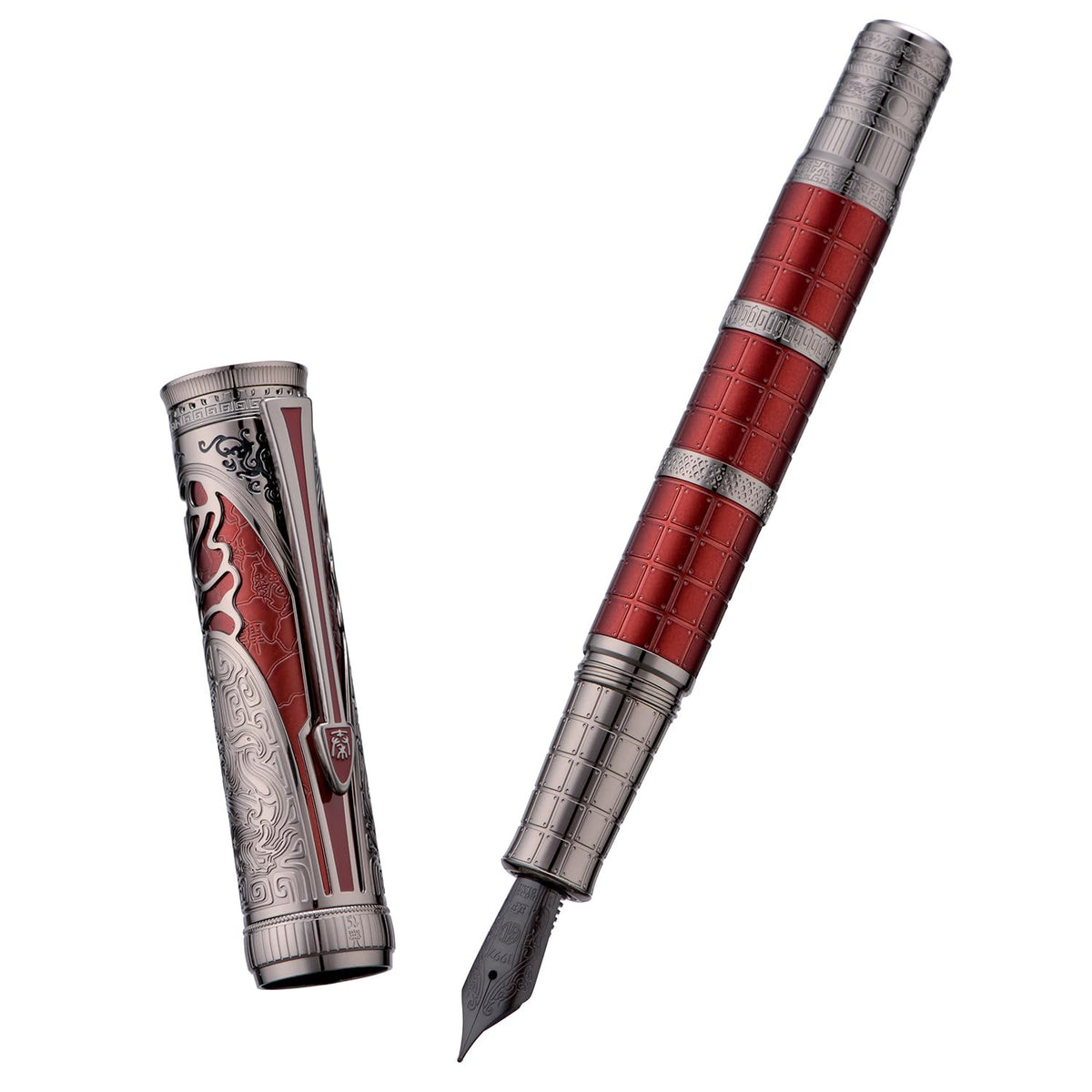 Hongdian D5X Fountain Pen Fine Nib Red Color, Qin Dynasty Retro Chinese Totem Engraving Smooth