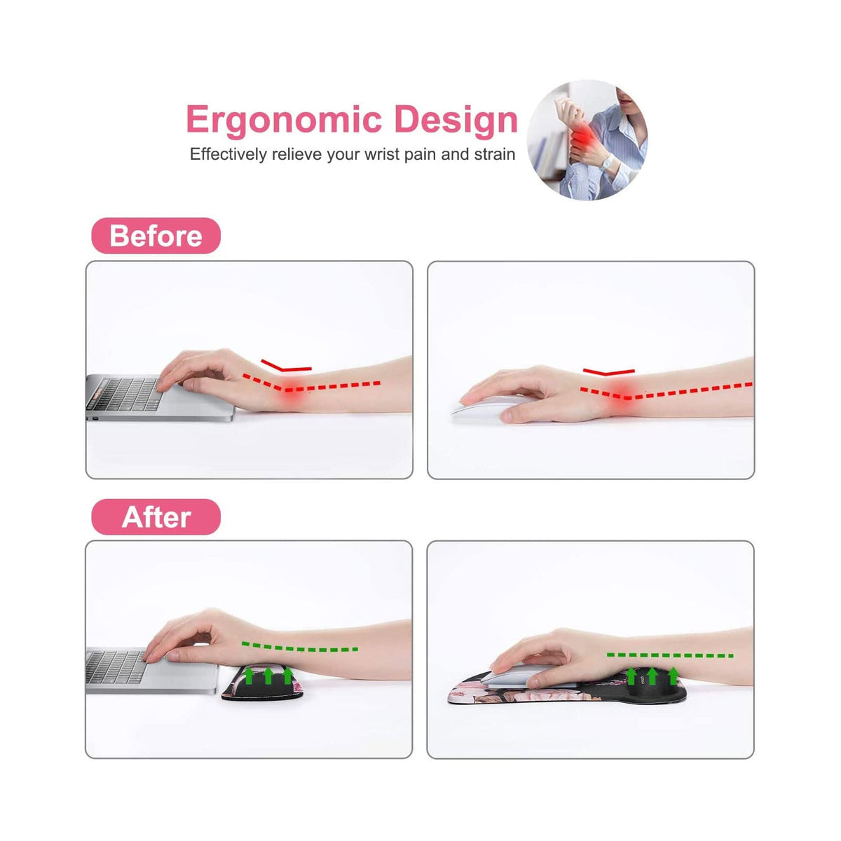 MOSISO Peony Wrist Rest Support for Mouse Pad & Keyboard Set, Black