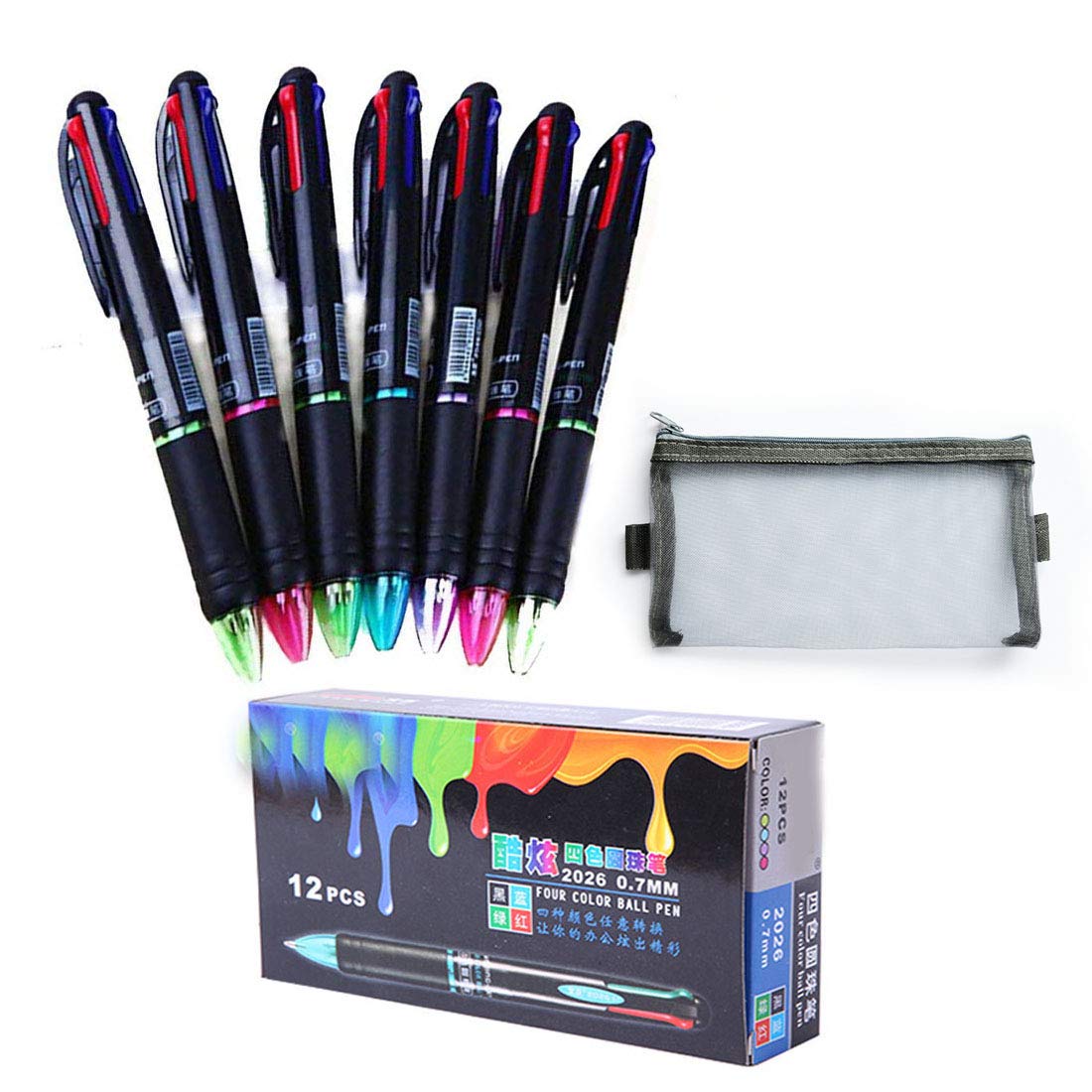 AEKAN 12 Pack Multicolor Pen Retractable 0.7mm 4 Color Ink(Black, Blue, Red, Green) in One