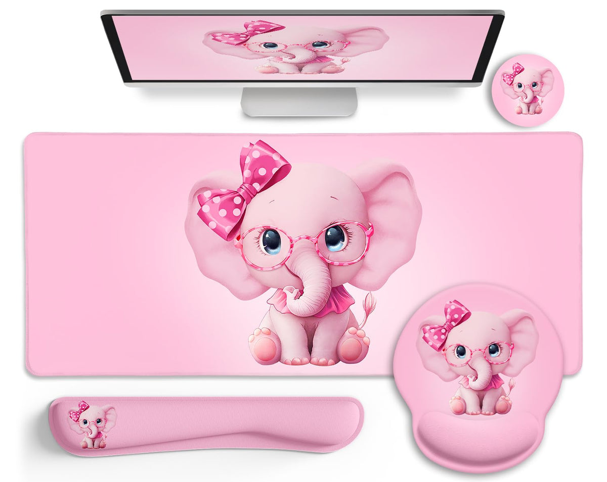 LIMKRIAN Elephant Mouse Pad Large Desk Mat Set, Kawaii Pink Desk Decor