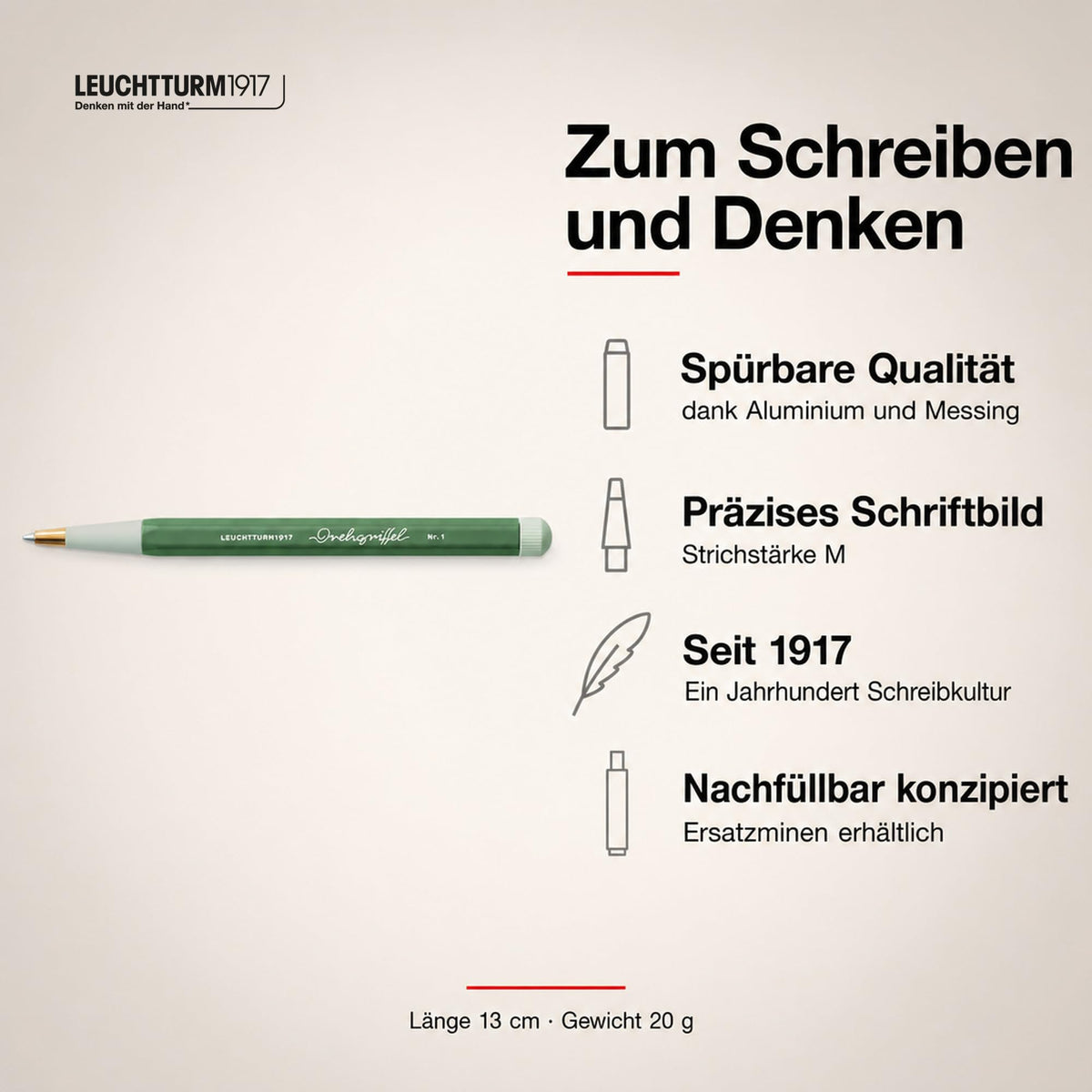 LEUCHTTURM1917 - Drehgriffel Writing Pen (Olive) - Gel Pen with Black Ink Included