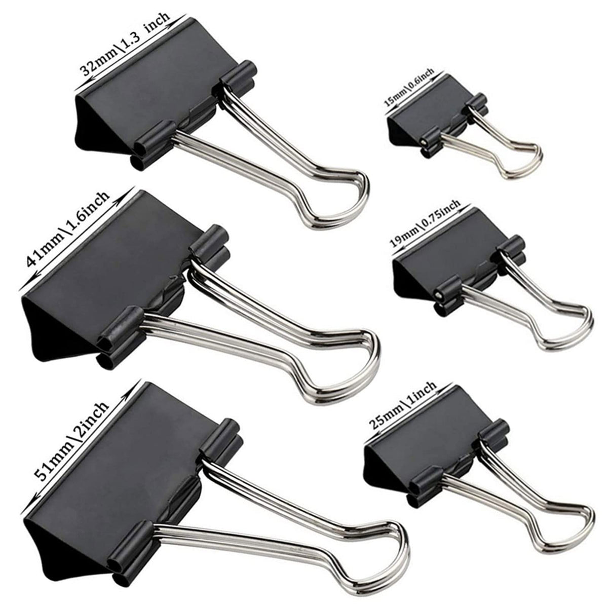 Binder Clips Paper Clamps 300 Pack Assorted Sizes (Black)