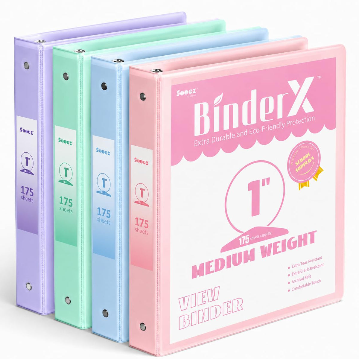 4 Pack 3 Ring Binders 1 Inch, Sooez 1" Three Round Ring Binder with Pockets