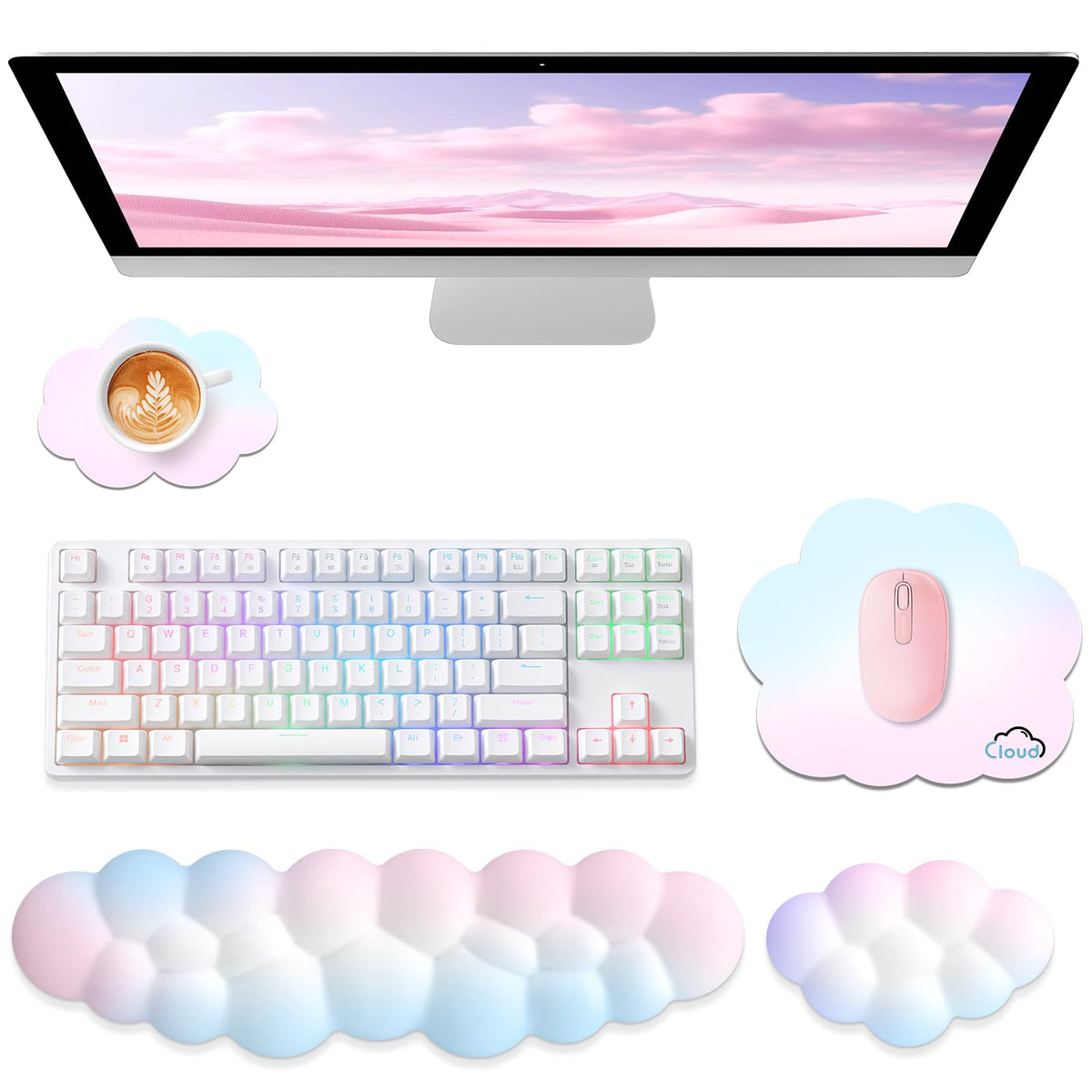 Sushret Cloud Wrist Rest for Computer Keyboard and Mouse Pad Set, Rainbow