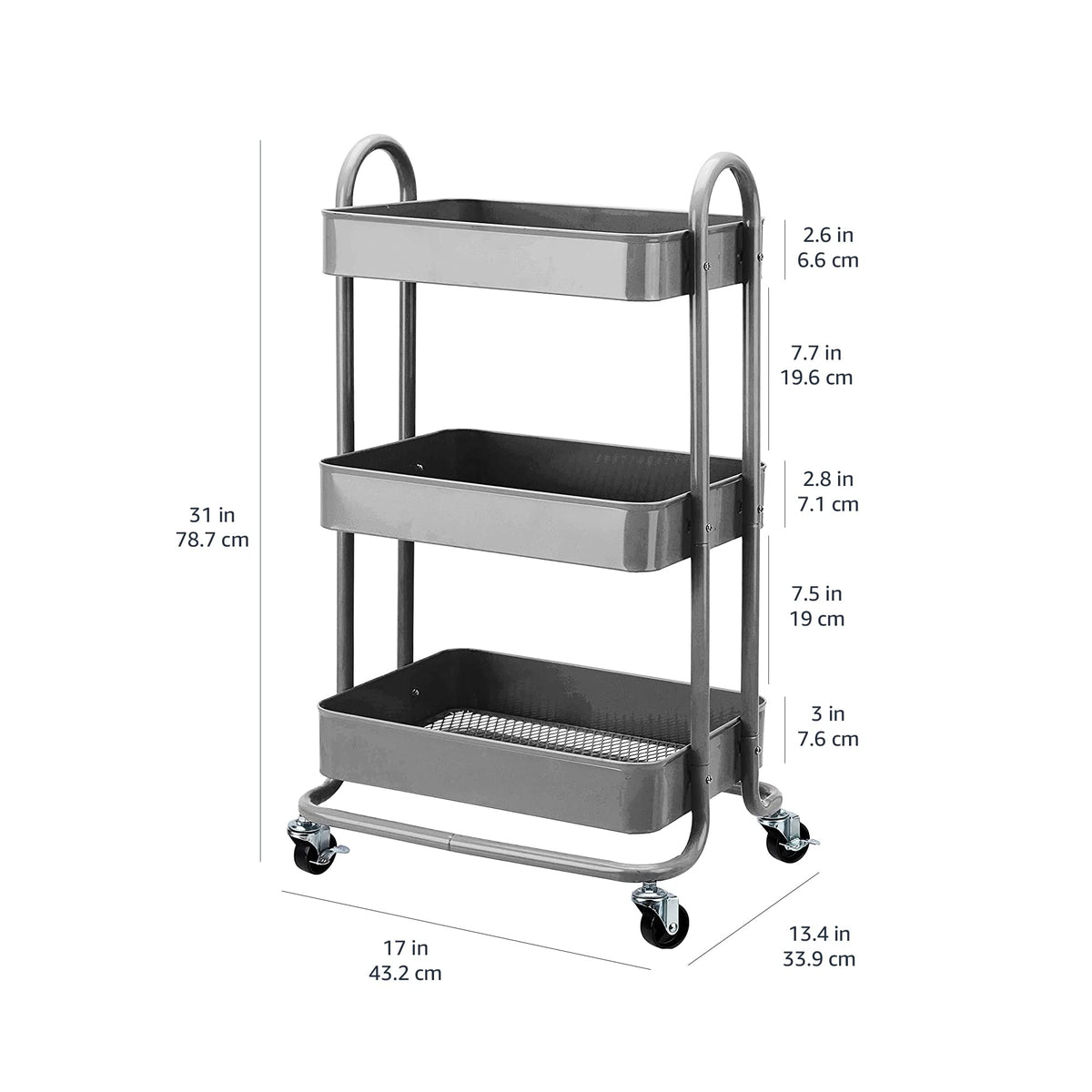 Amazon Basics 3-Tier Rolling Utility or Kitchen Cart, Lockable Wheels, Multifunctional Storage