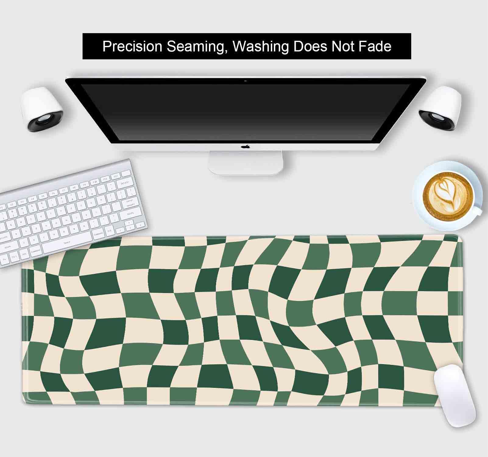 SXCKANG Sage Green Checkered Desk mat, Retro Boho Extra Large Mouse Pad, Abstract Wavy Desk