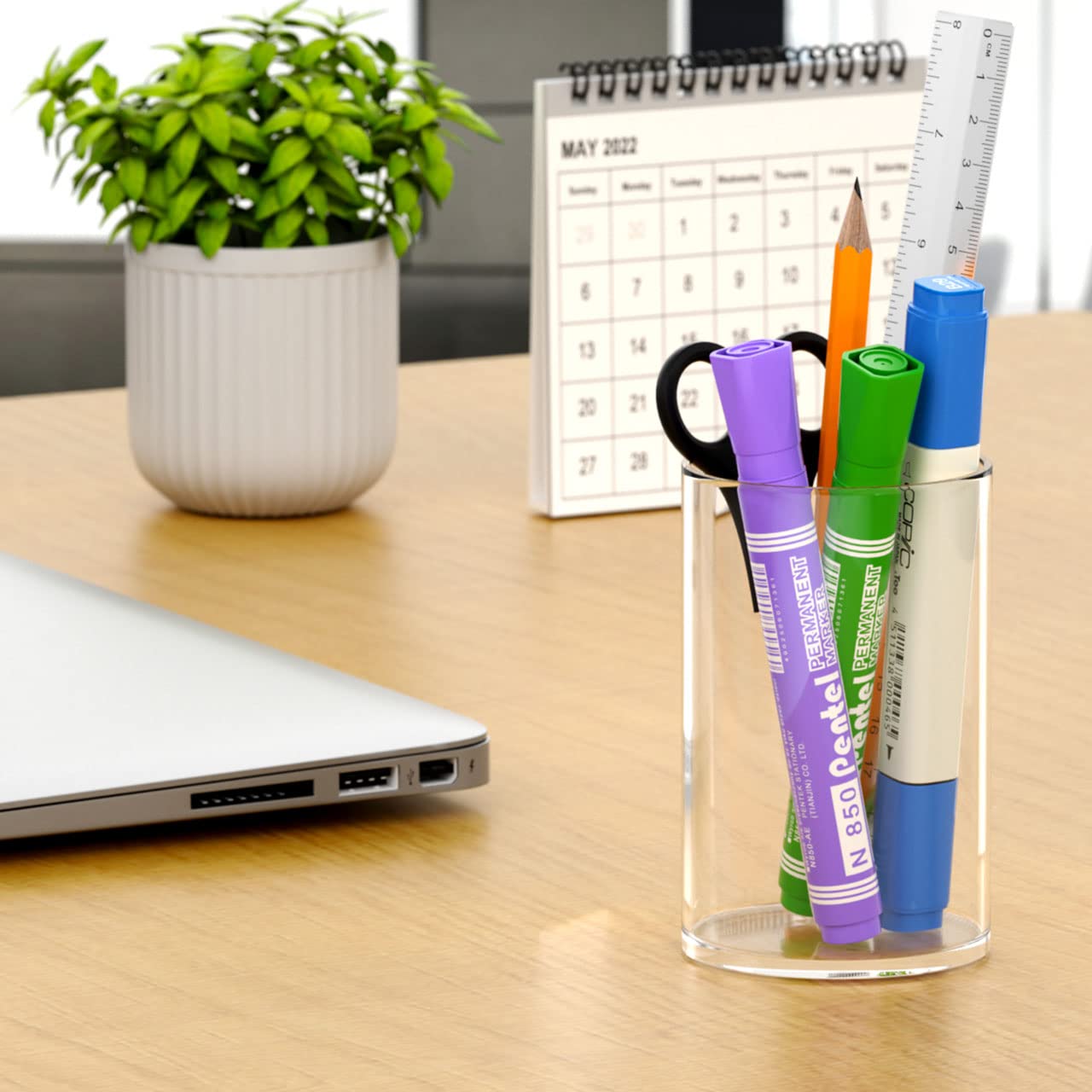 NIUBEE Acrylic Pen Holder for Desk, Clear Round Pencil Cup Organizer 4 Pack