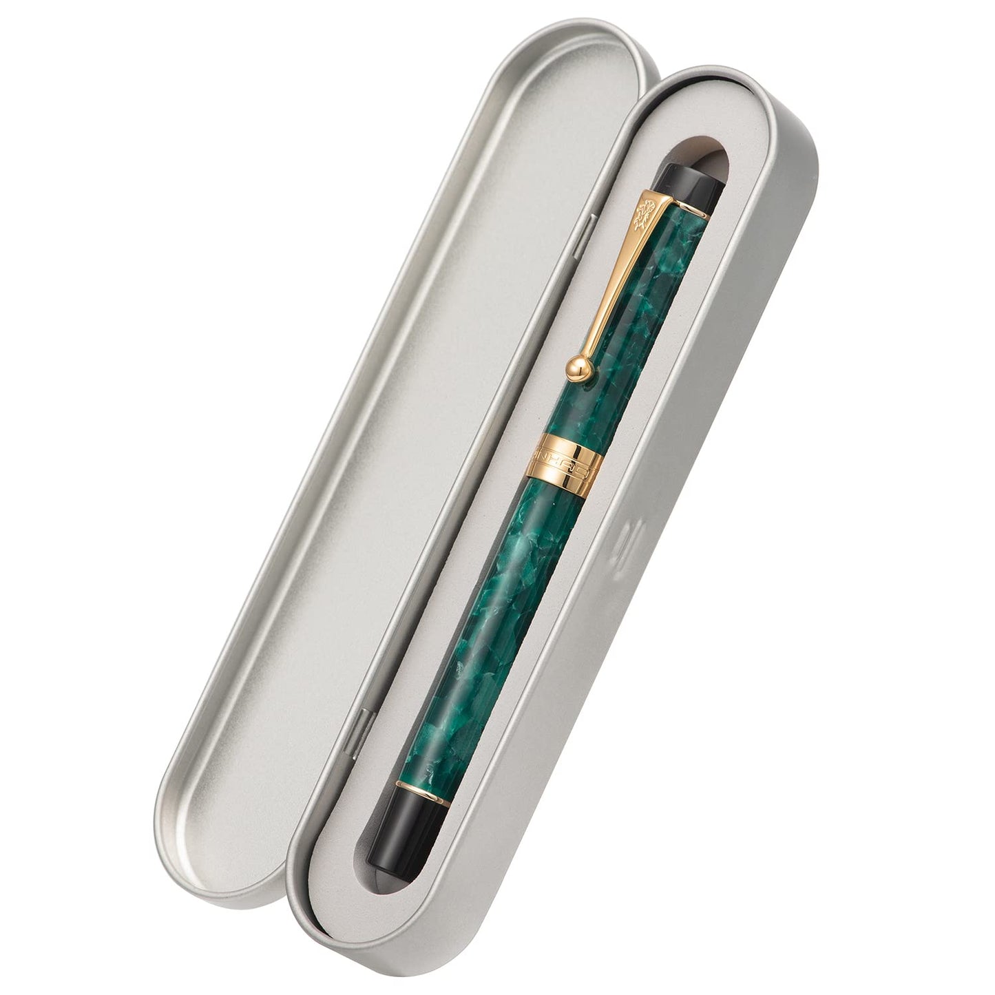 Jinhao 100 Classic Fountain Pen Bent Nib, Green Celluloid Fude Pen Calligraphy from Fine to Broad