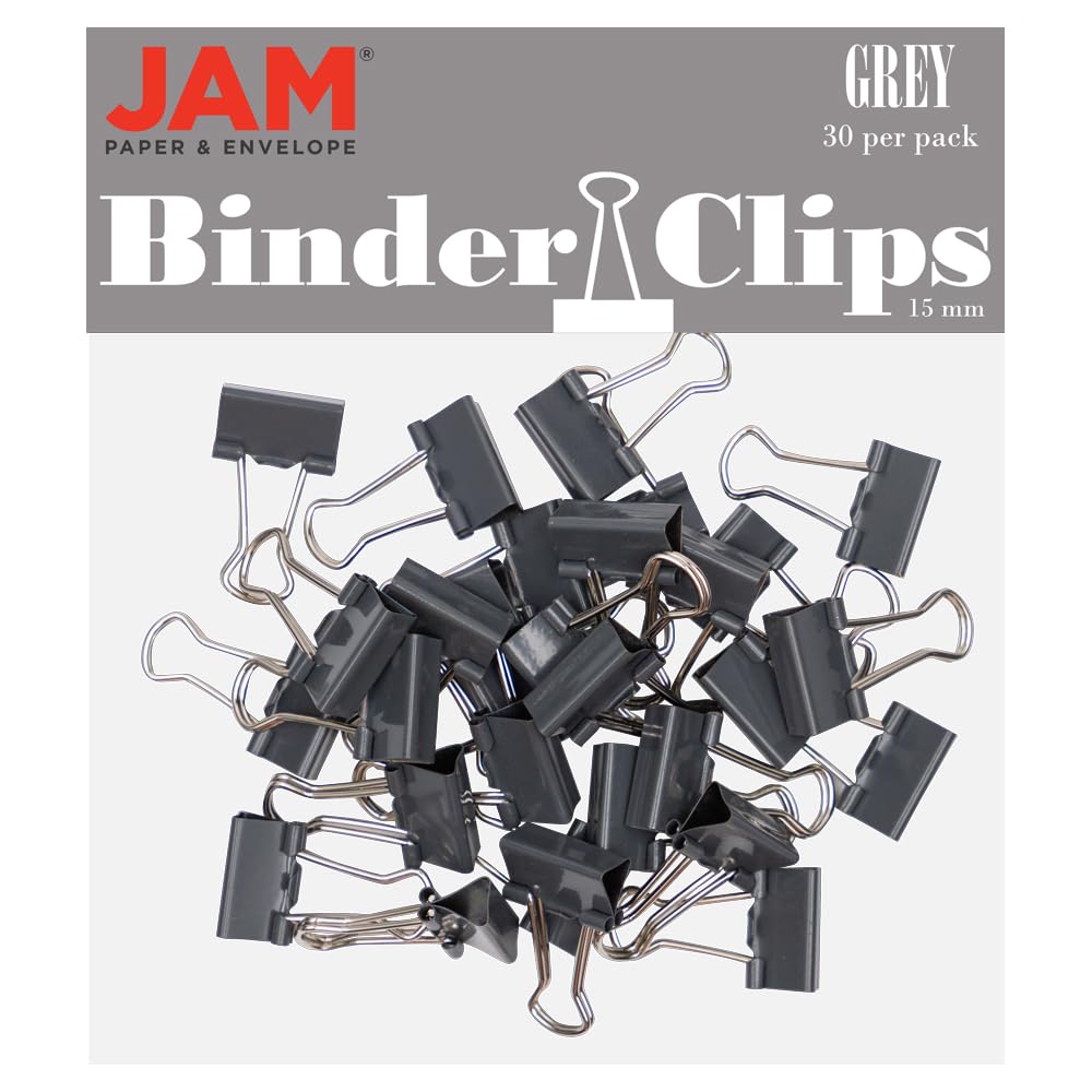 JAM PAPER Colorful Binder Clips - Extra Small - 3/5 Inch (15 mm) - Grey Binderclips - 30/Pack