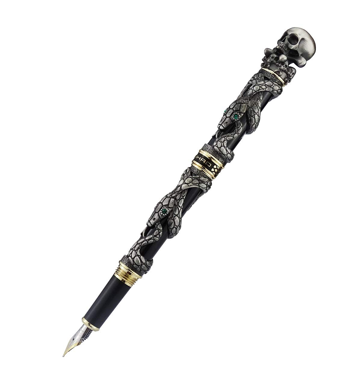 Jinhao Black Snake Fountain Pen Medium Nib Retro Style with Skull Head Solid Metal and Paper Pen