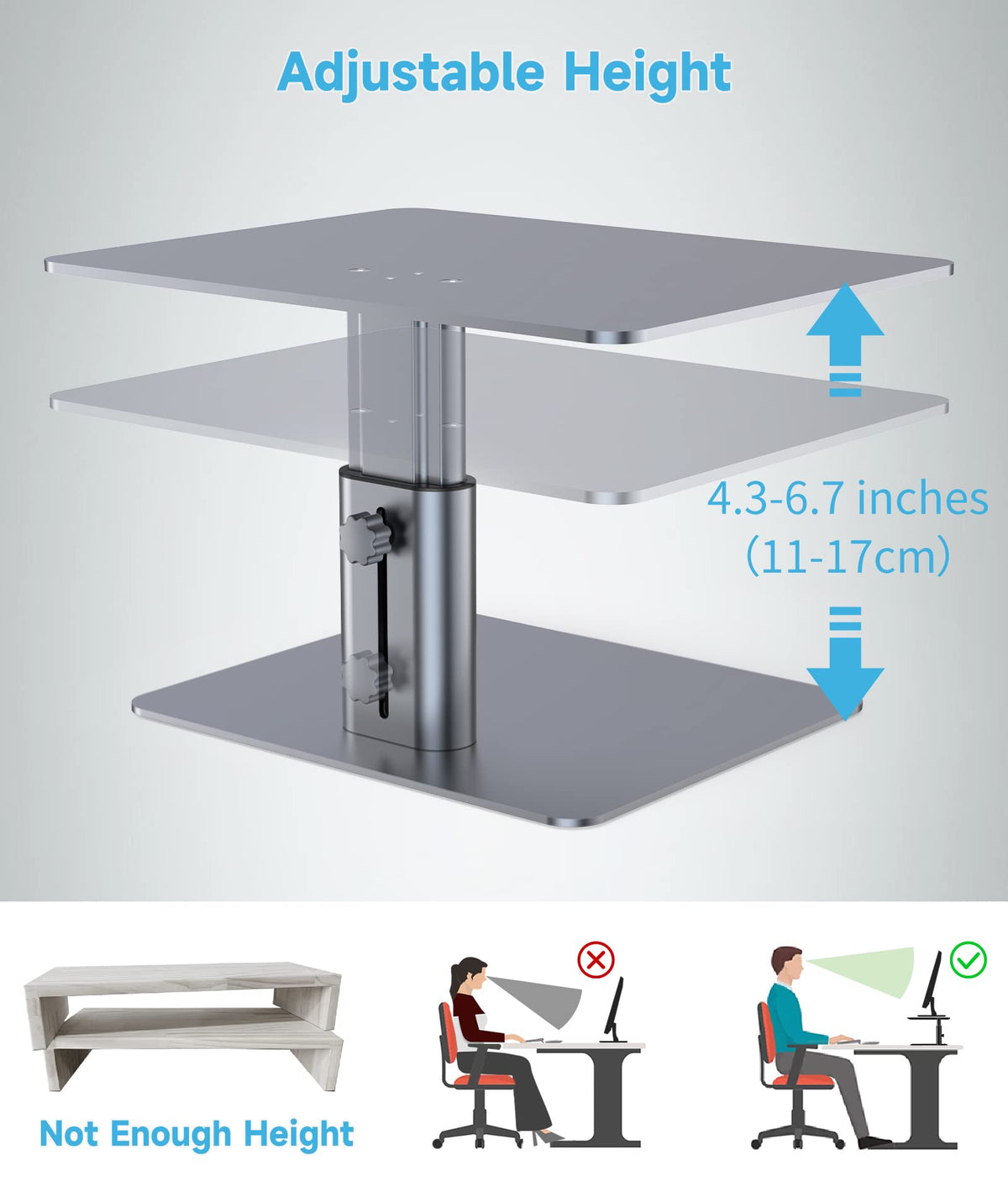 BoYata Monitor Stand, Adjustable Height Metal Desktop Riser, Space Gray