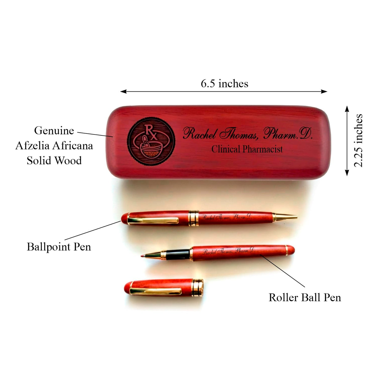 Personalized Solid Afzelia African Wood Case and Two Pens for Pharmacist