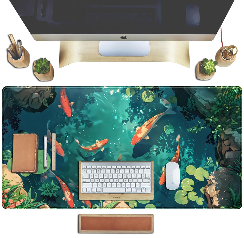 Koi Fish Desk Mat Gaming Koi Pond Desk Pad Large Cute Mouse Pad, Goldfish Mouse Mat XXL Laptop