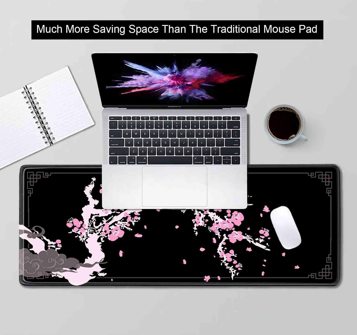 SXCKANG Japanese Pink Cherry Blossom Desk Pad, Black Long Mouse Pad Deskmat, Cute Desk Mat for