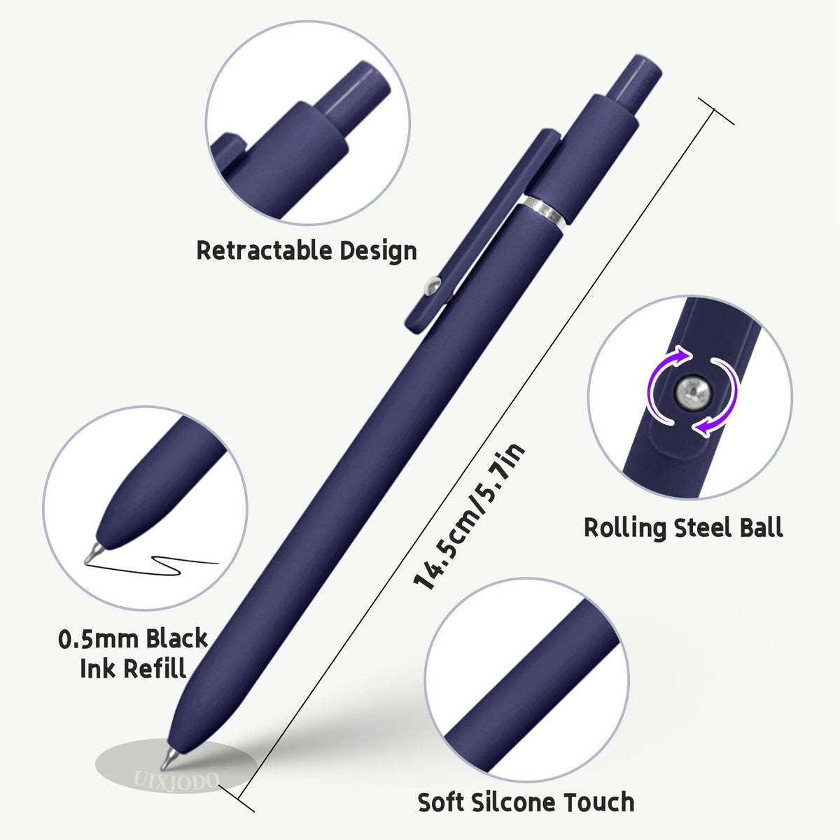 UIXJODO Gel Pens, 10 Pcs 0.5mm Black Ink Pens Fine Point Smooth Writing Pens with Silicone Grip
