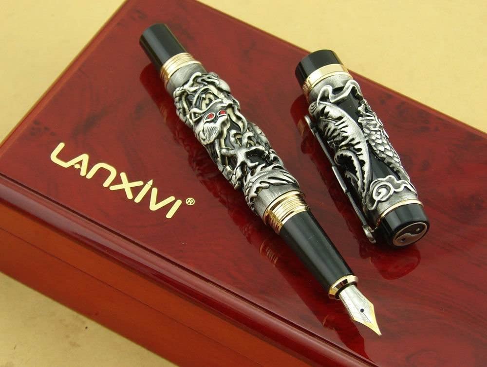 Lanxivi Dragon Phoenix Fountain Pen Medium Nib Writing Luxury Case Set Vintage Black Pen Collection
