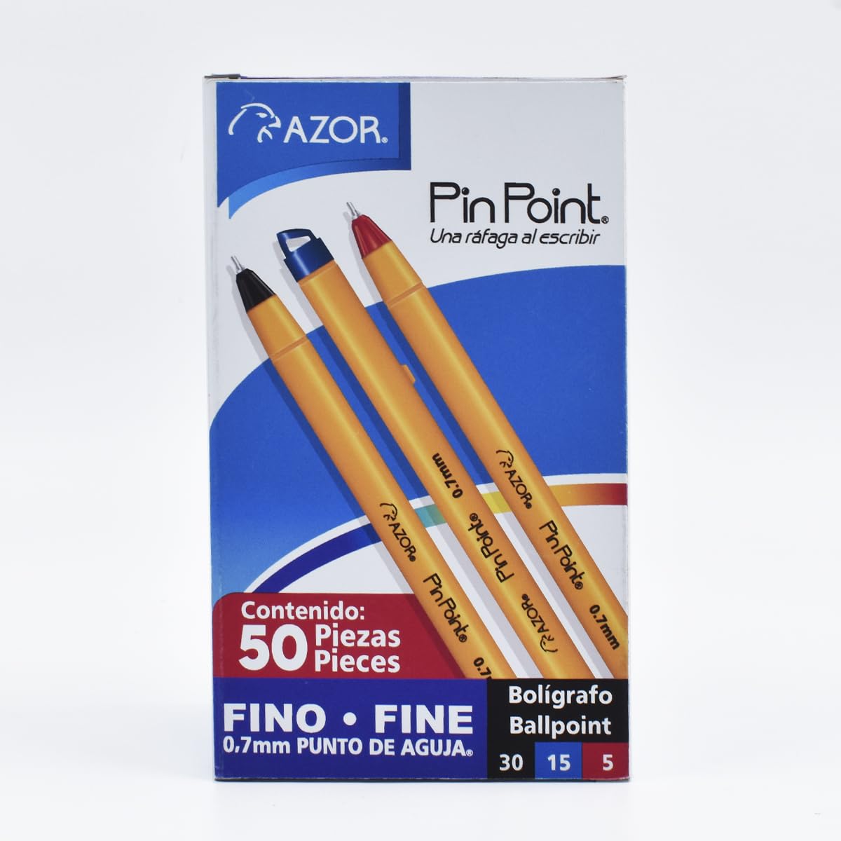 AZOR Pin Point Fine Tip 0.7 mm Ballpoint Pens Black Blue Red Ink, 50 Pack