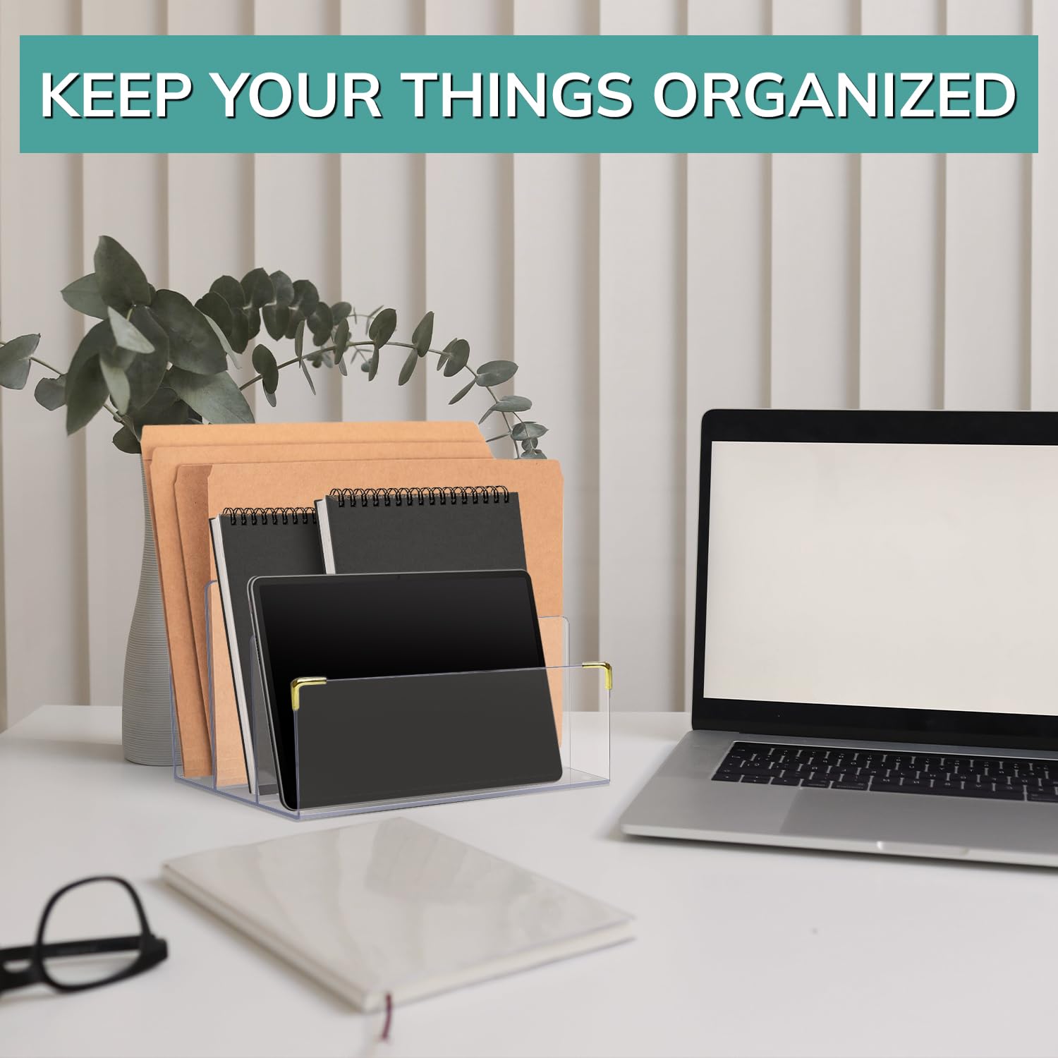 pbf Acrylic File Holder | Clear File Organizer for Desk w/ Gold Accents | Acrylic Desk Organizer