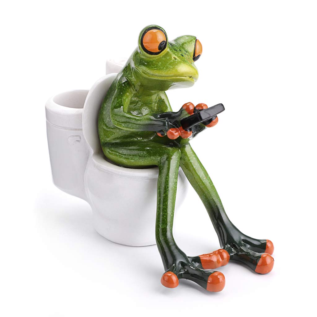 JUXYES Texting On Toilet Frog Figurines Collectibles for Home Office Decor
