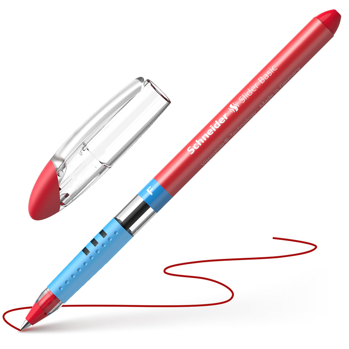 Schneider Slider Basic F (Fine) Ballpoint Pen, 0.7 mm, Transparent Barrel, Red Ink, Box of 10 Pens