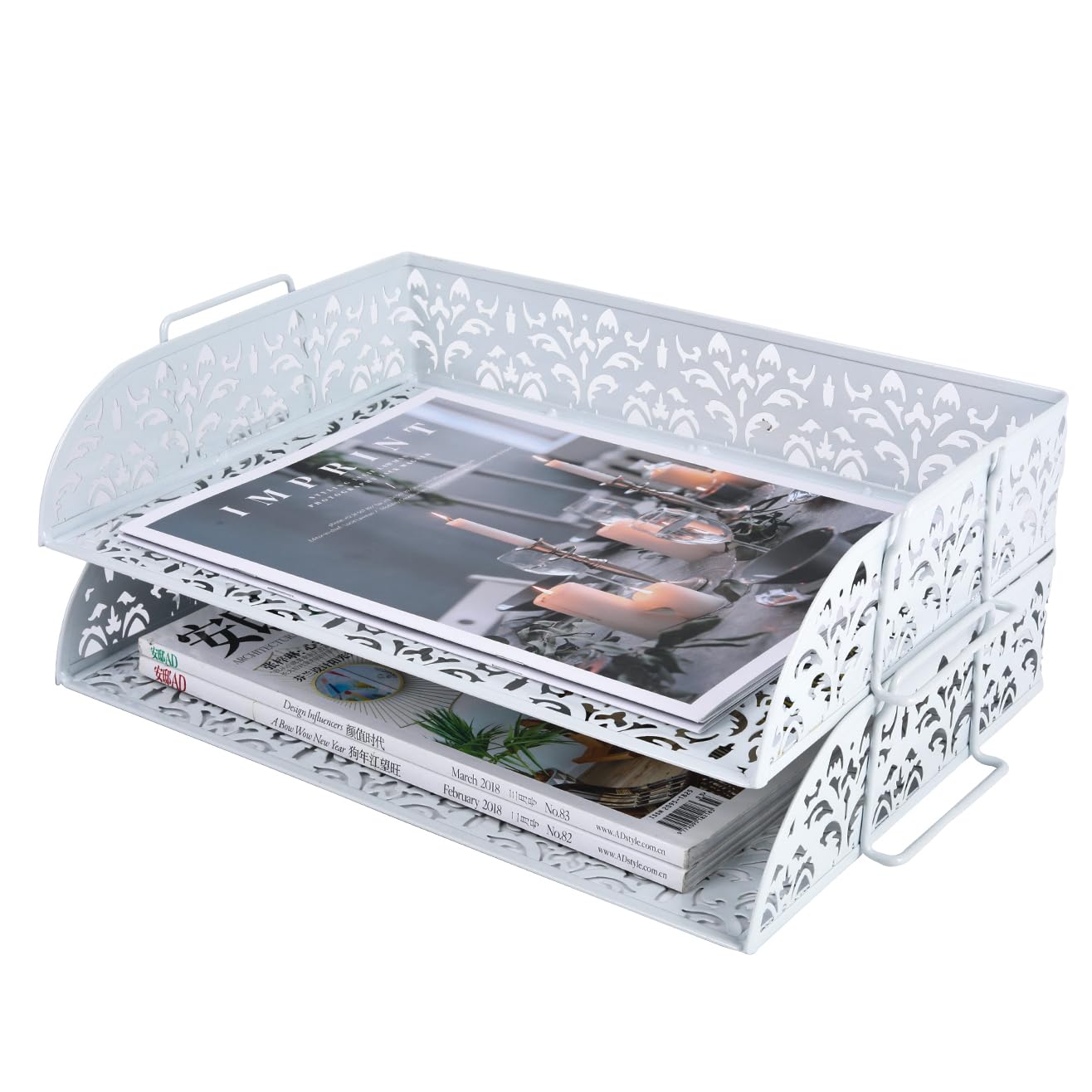 PAG-Mass 2 Tier Desktop File Organizer Metal Stackable Letter Tray Paper Holder Rack for Desk, White