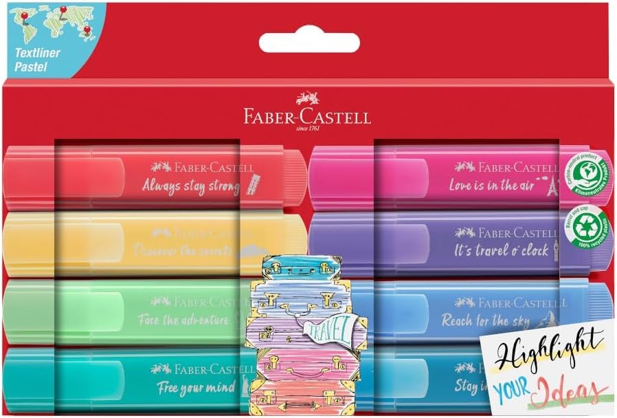 Faber-Castell Pastel Highlighter Set - 8 Chisel Tip Highlighter Pens in Assorted Pastel Colors