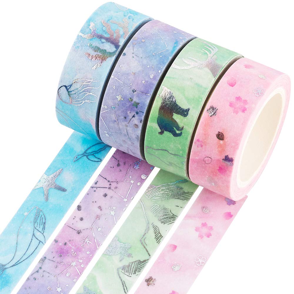 YUBBAEX Silver Washi Tape IG Style Laser Foil Masking Tape Set Decorative for Arts, DIY Crafts