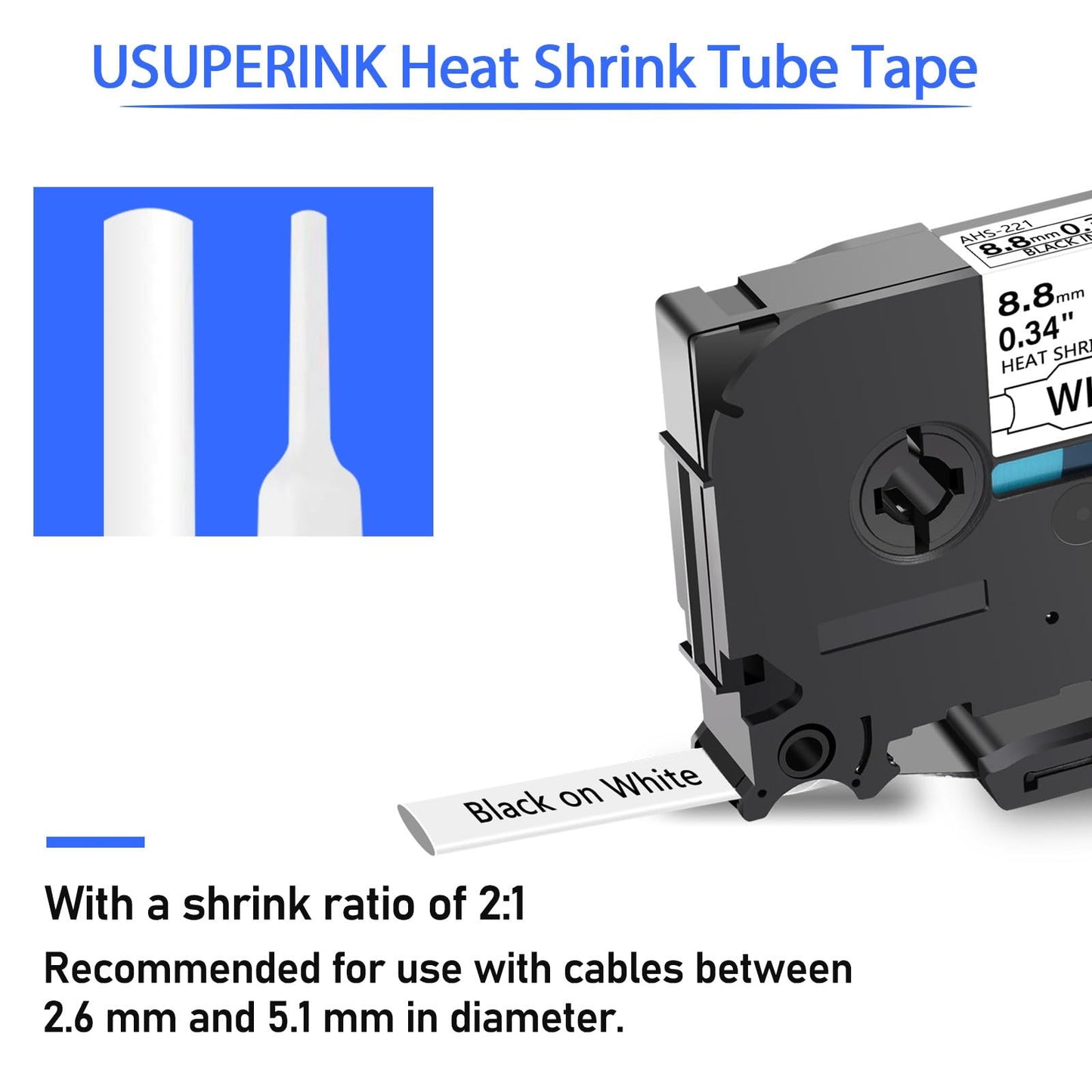 USUPERINK 2 Pack Compatible for Brother Ptouch HSe-221 HSe221 HS-221 HS221 8.8mm Black on White