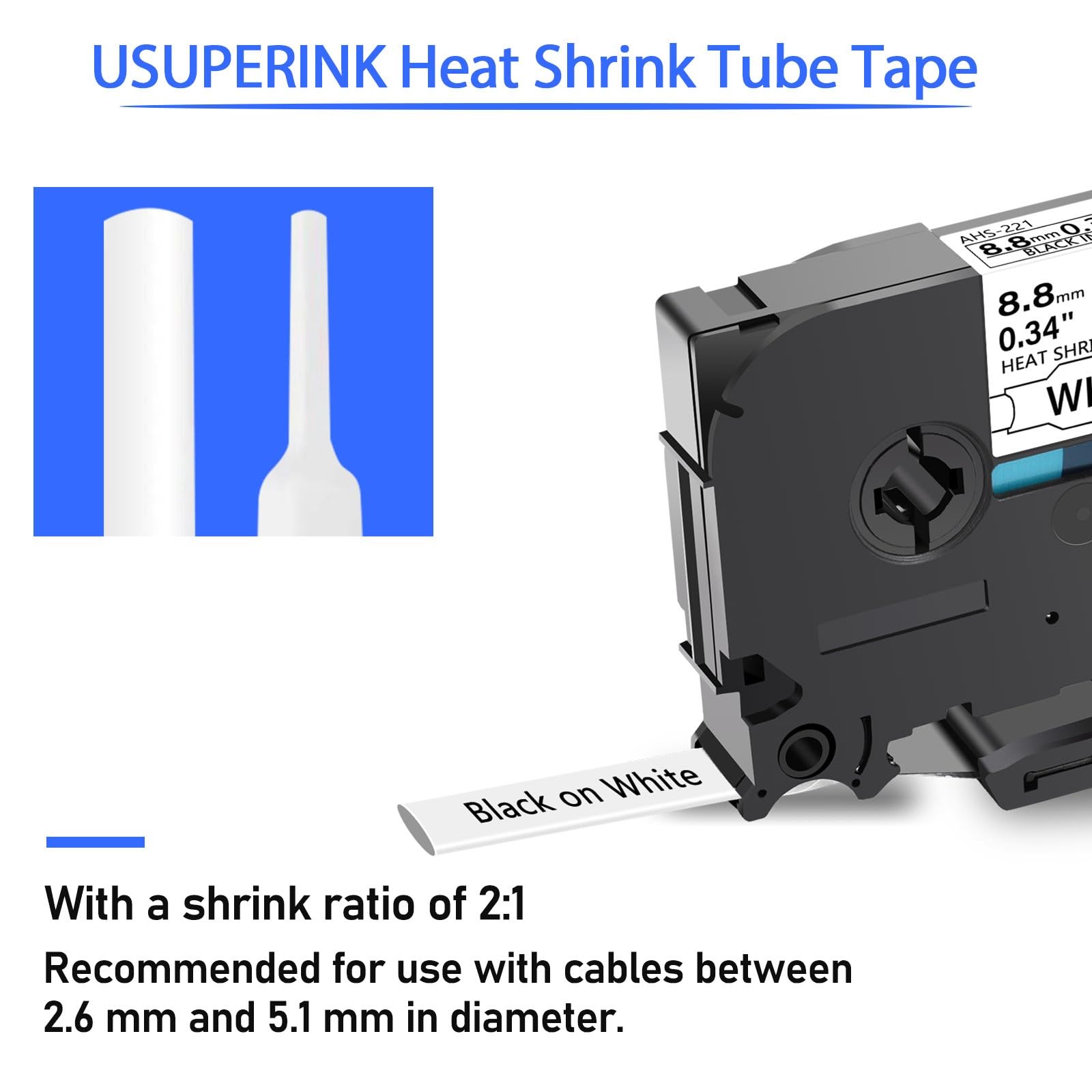 USUPERINK 2 Pack Compatible for Brother Ptouch HSe-221 HSe221 HS-221 HS221 8.8mm Black on White