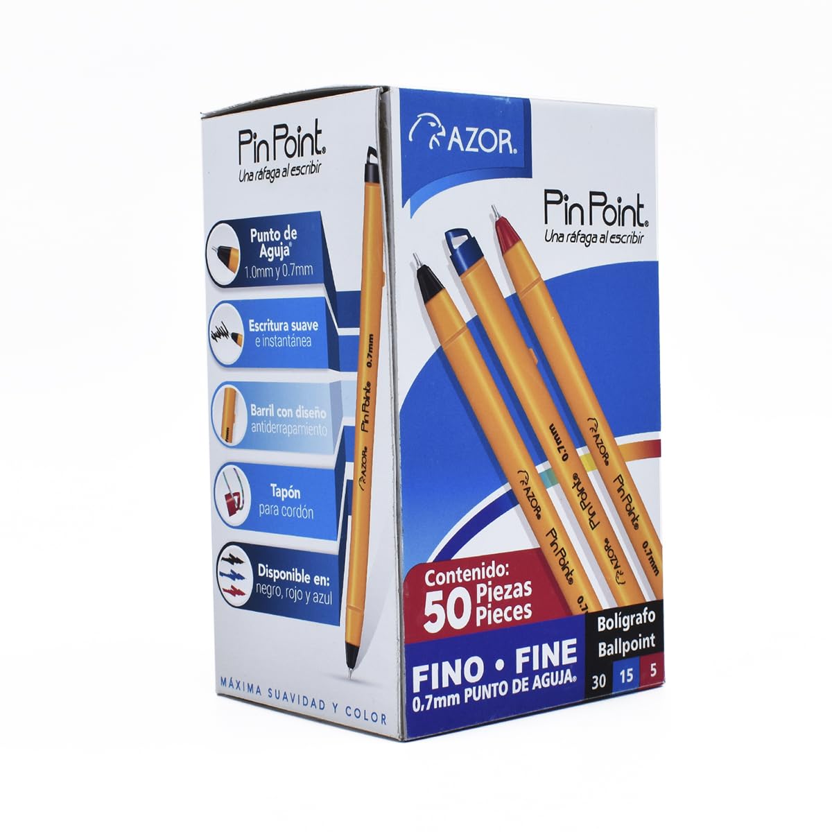 AZOR Pin Point Fine Tip 0.7 mm Ballpoint Pens Black Blue Red Ink, 50 Pack