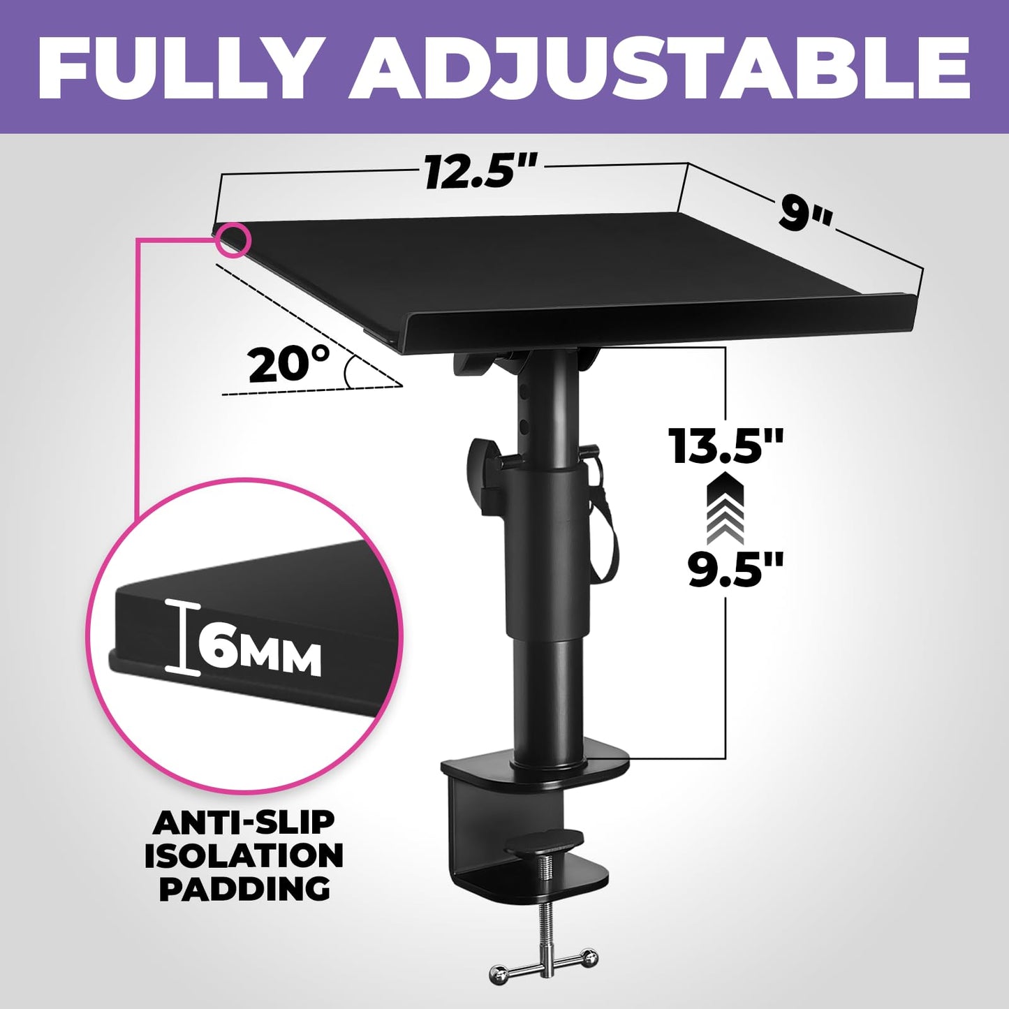 Liquid Stands Laptop Desk Mount for Piano, Keyboard & DJ Workstations - 9x12.5 Adjustable Laptop
