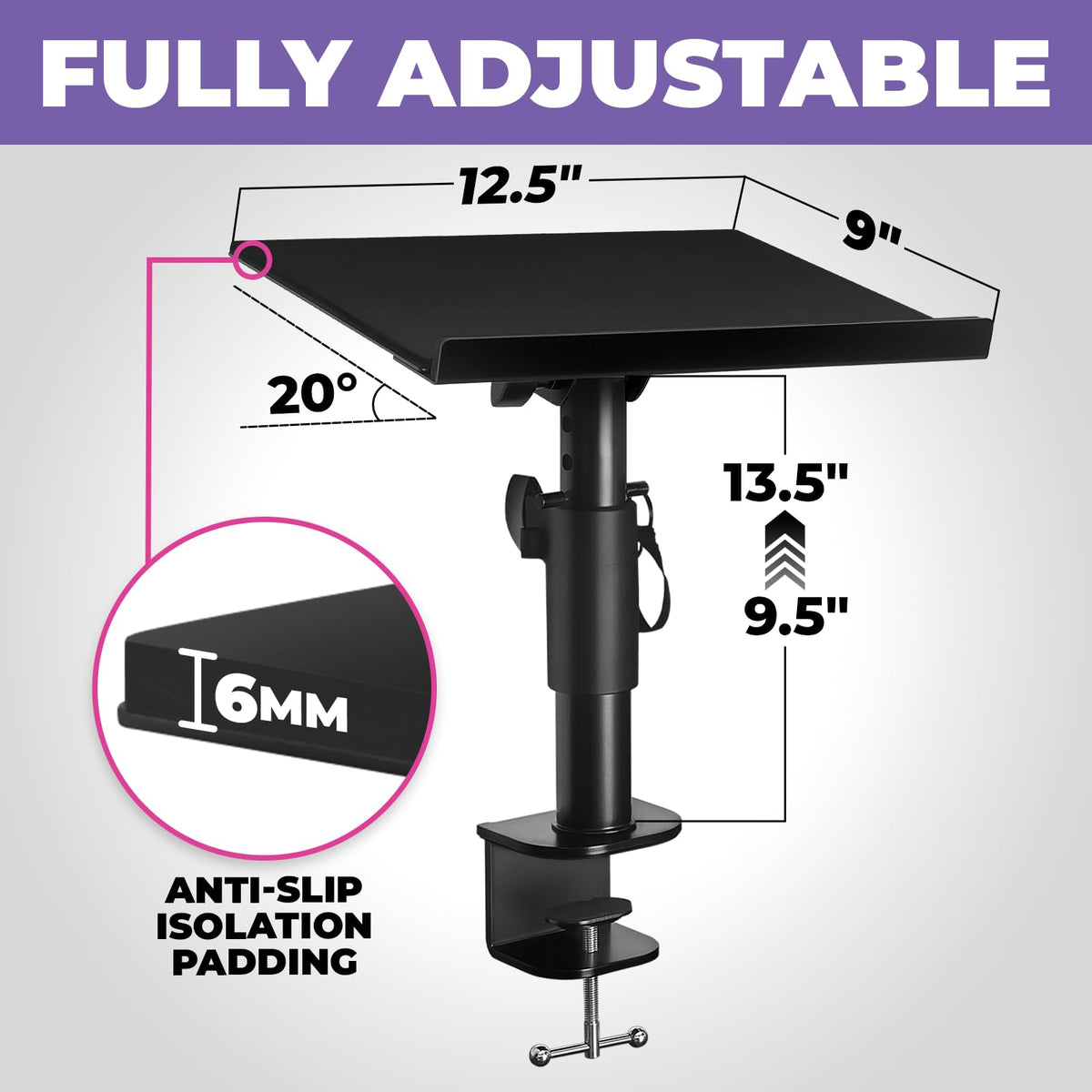 Liquid Stands Laptop Desk Mount for Piano, Keyboard & DJ Workstations - 9x12.5 Adjustable Laptop