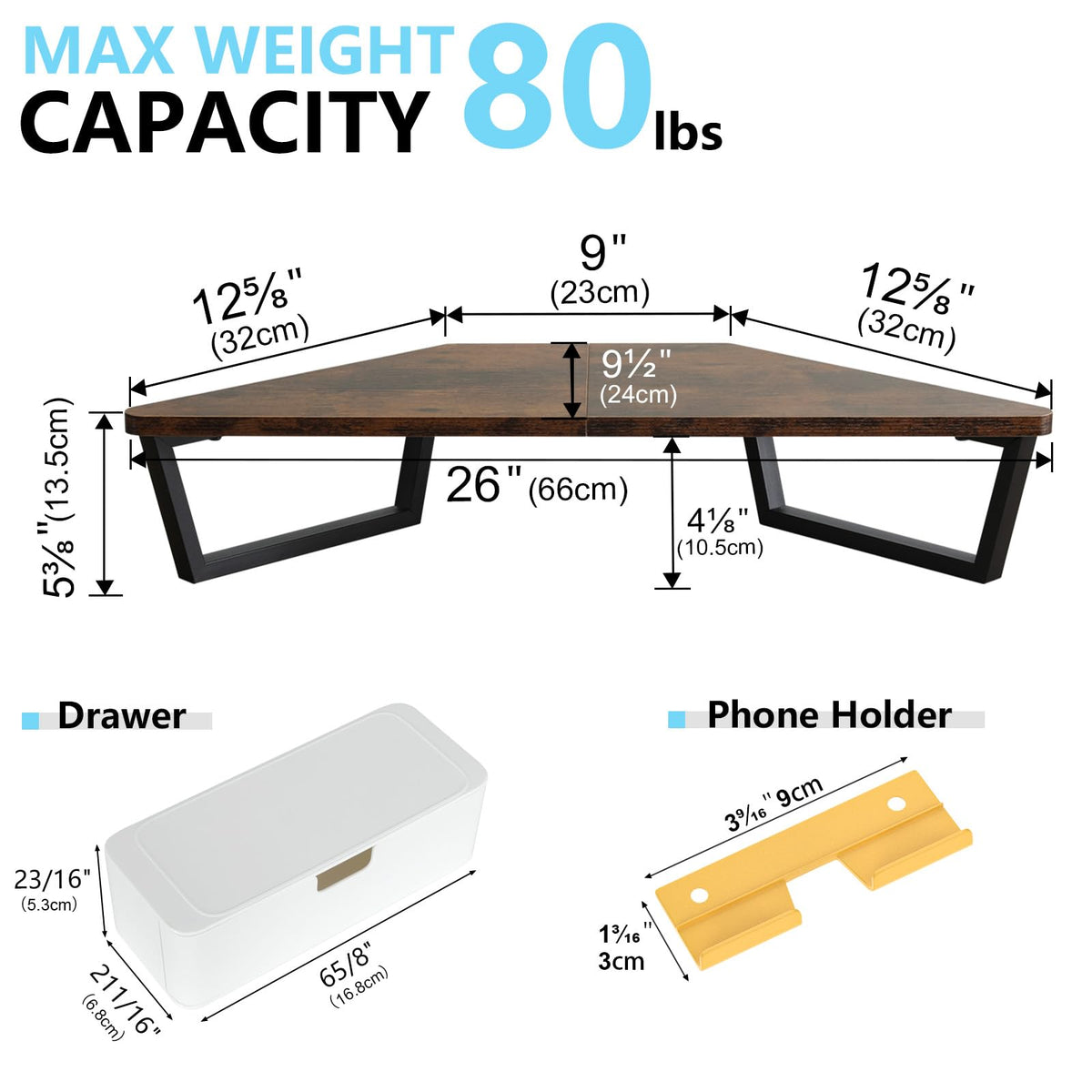 TEAMIX Corner Monitor Stand with Drawer and Phone Holder, 26x12.6x5.3in