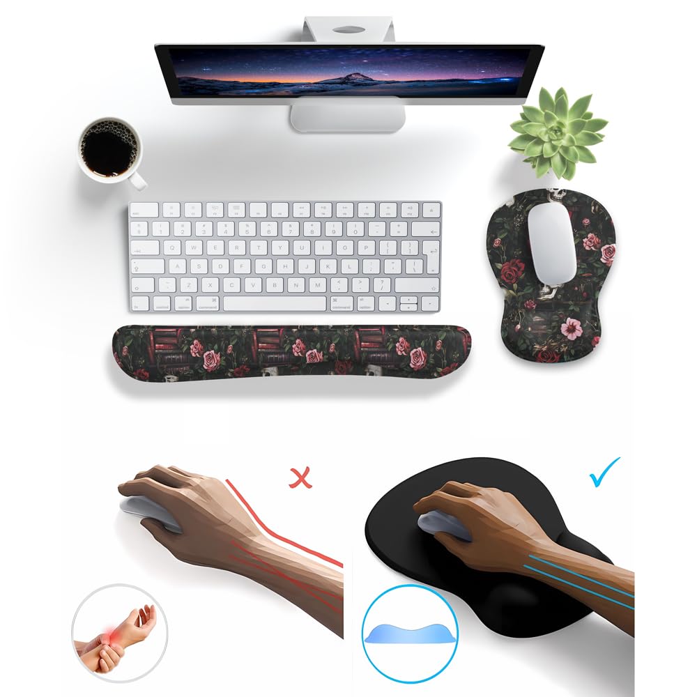 Gothic Skull Rose Ergonomic Mouse Pad with Wrist Rest & Keyboard Wrist Support Set - Non-Slip